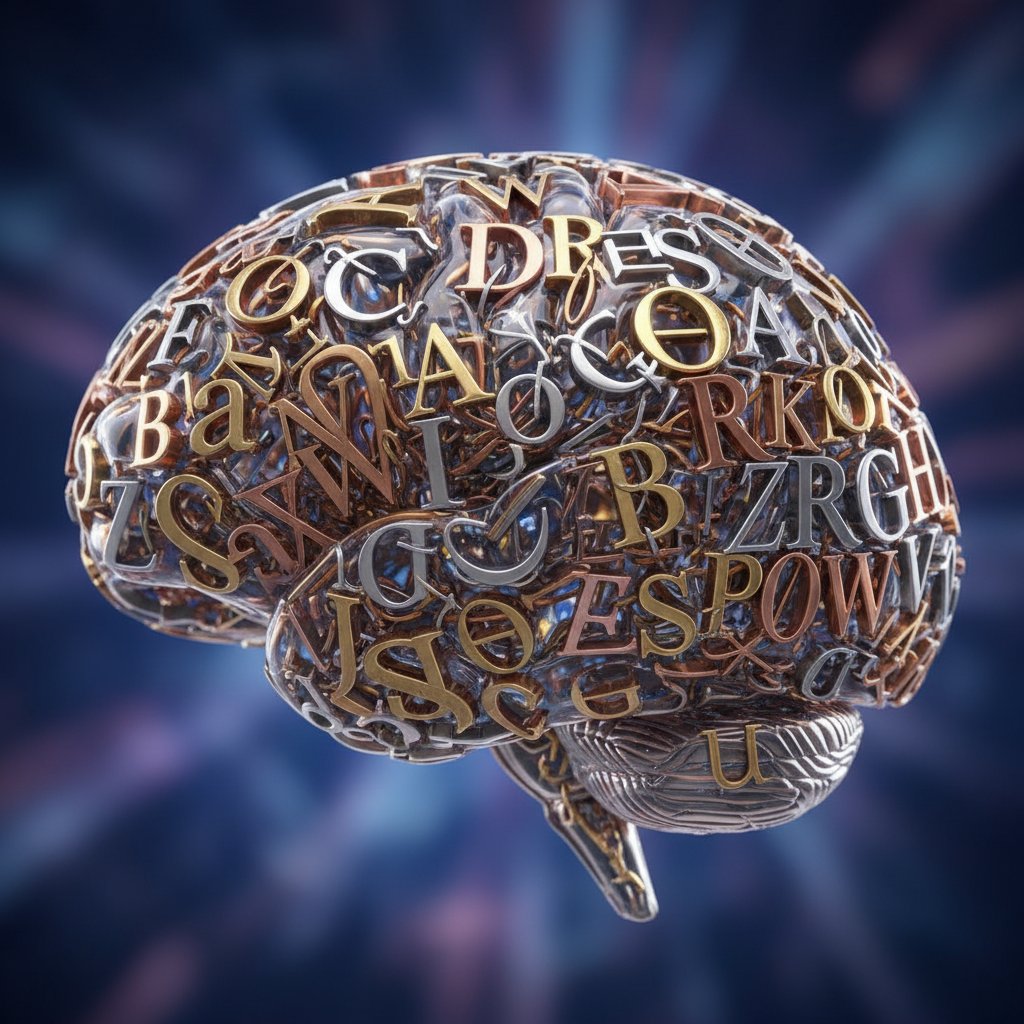 Artystyczna ilustracja mózgu oplecionego polskimi literami, symbolizująca trudności ortograficzne