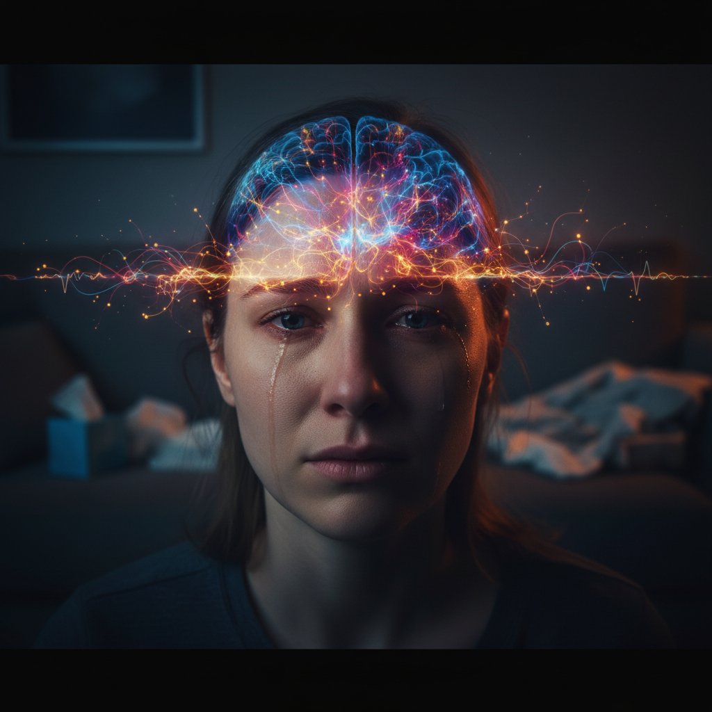 Neuroscience-inspired illustration of a human brain lit up while watching a movie in a dark room, emotional colors, 16:9