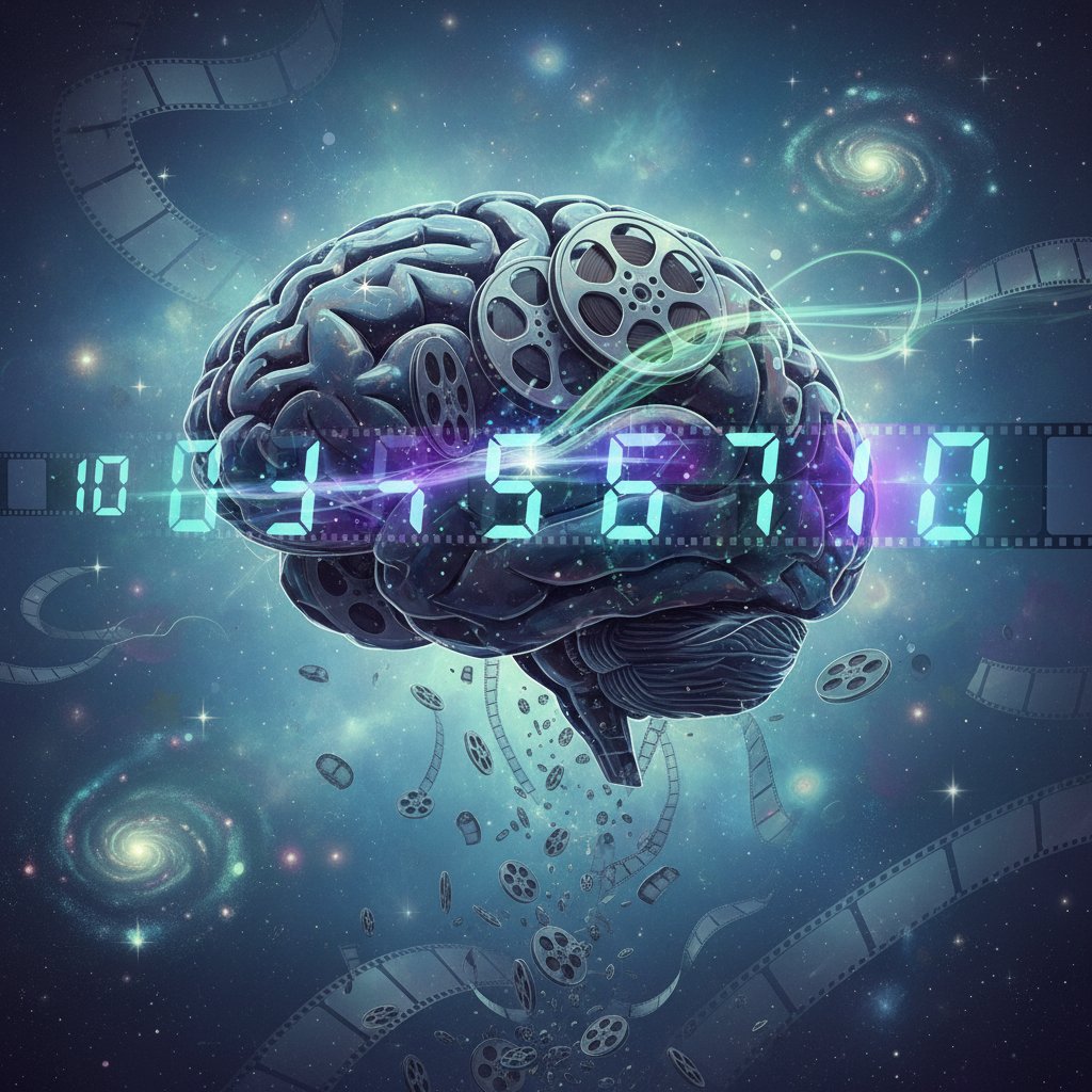 Conceptual image: a brain made of movie reels and numbers, surreal, cool color palette