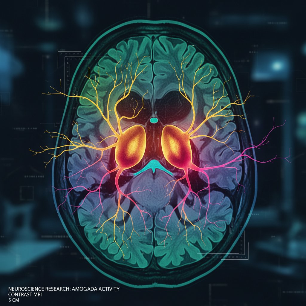 Zdjęcie rezonansu magnetycznego mózgu, centralne miejsce – ciało migdałowate, kolory kontrastowe