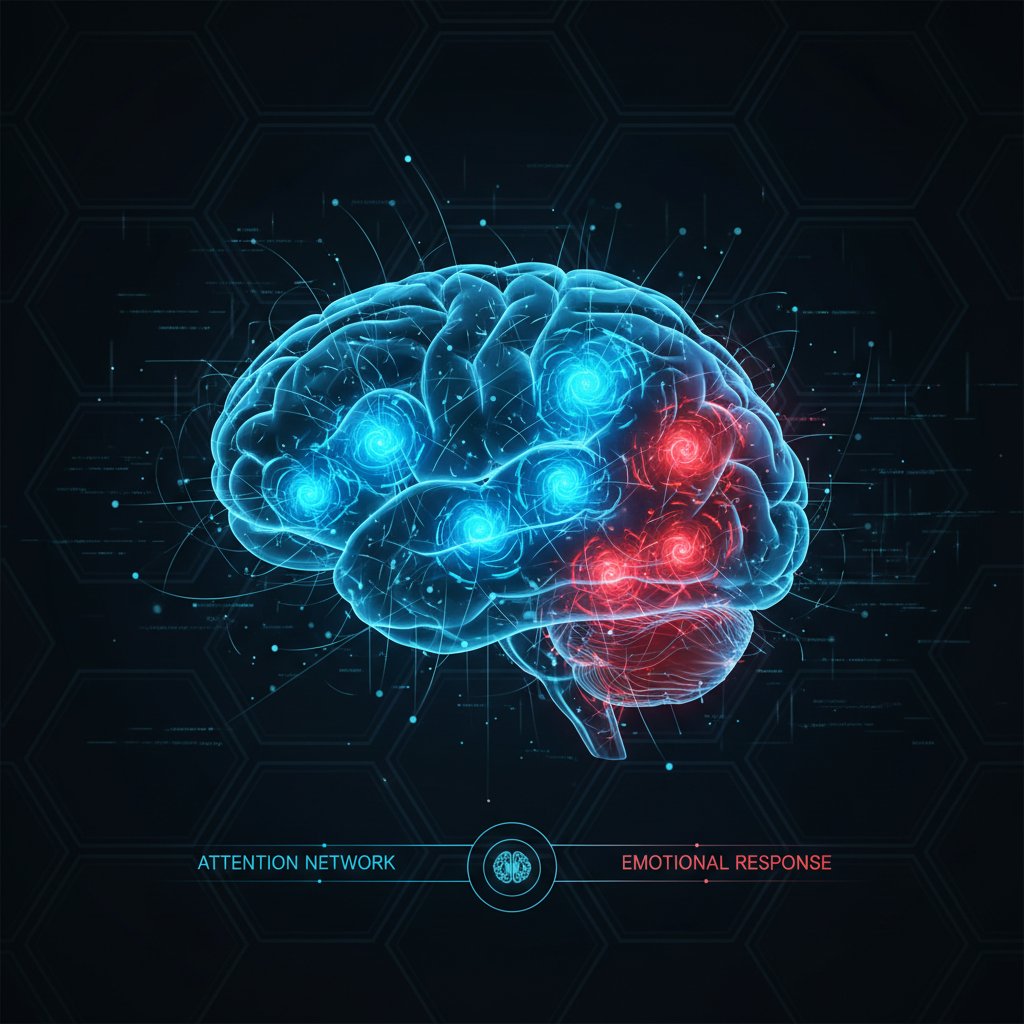 Mózg z zaznaczonymi obszarami odpowiedzialnymi za uwagę, kolory niebieskie i czerwone – ilustracja medyczna