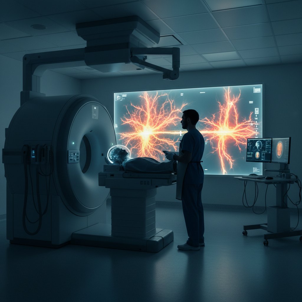 Obraz fMRI w szpitalnym otoczeniu, kontrastowe światło, badanie mózgu rezonansem funkcjonalnym