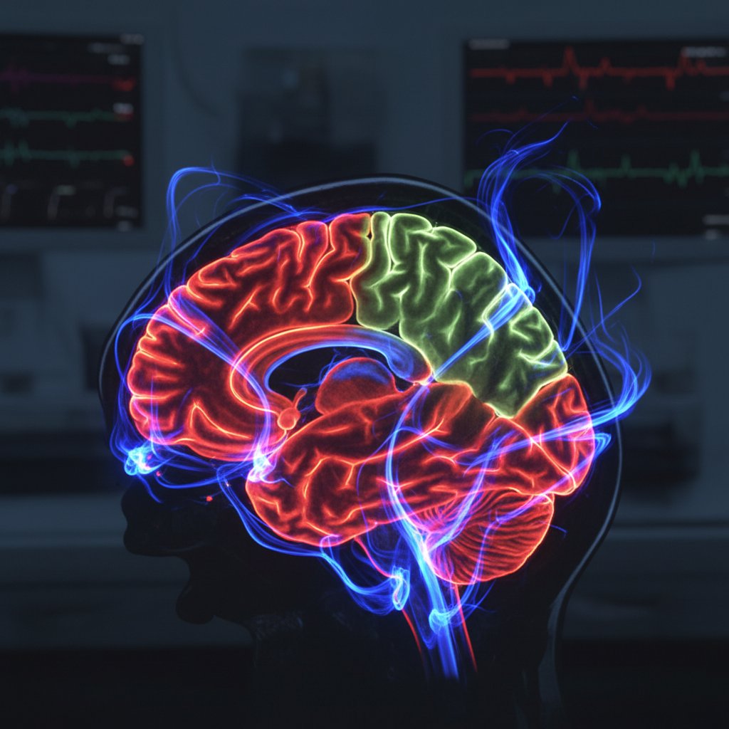 Obraz mózgu w rezonansie magnetycznym, z podkreślonymi obszarami stresu i emocji