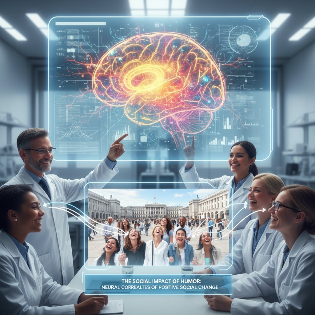 Brain scan illustration showing neural responses to comedy and disruption, linking humor and social change