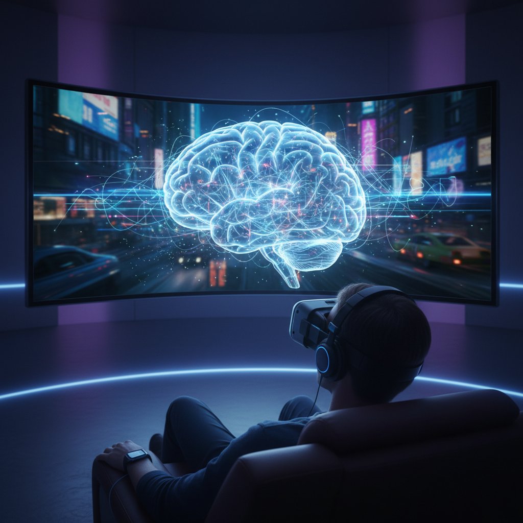 Brain scan imagery with colorful neural activity, person watching movie