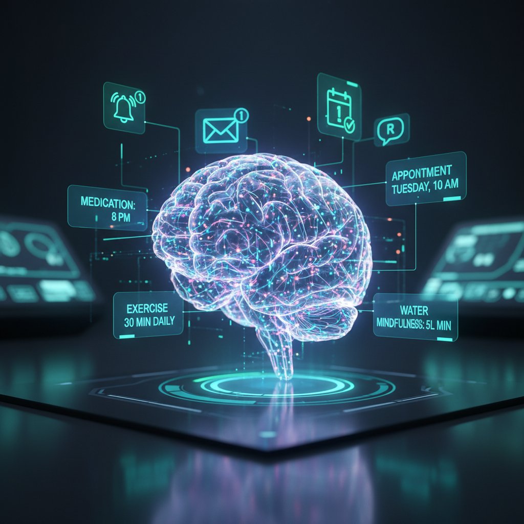 Brain scan with notification icons overlay, visualizing the brain's response to calendar reminders and digital alerts
