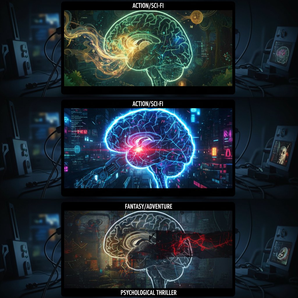 Brain scan visualization with film scenes, showing brain activation in response to blended movie genres