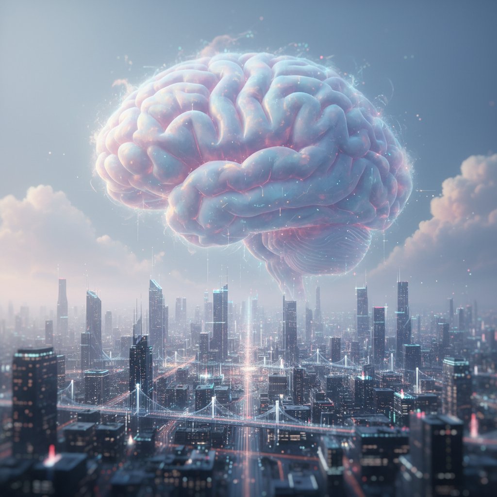 Chmura w kształcie mózgu nad cyfrowym miastem, filozofia świadomości AI