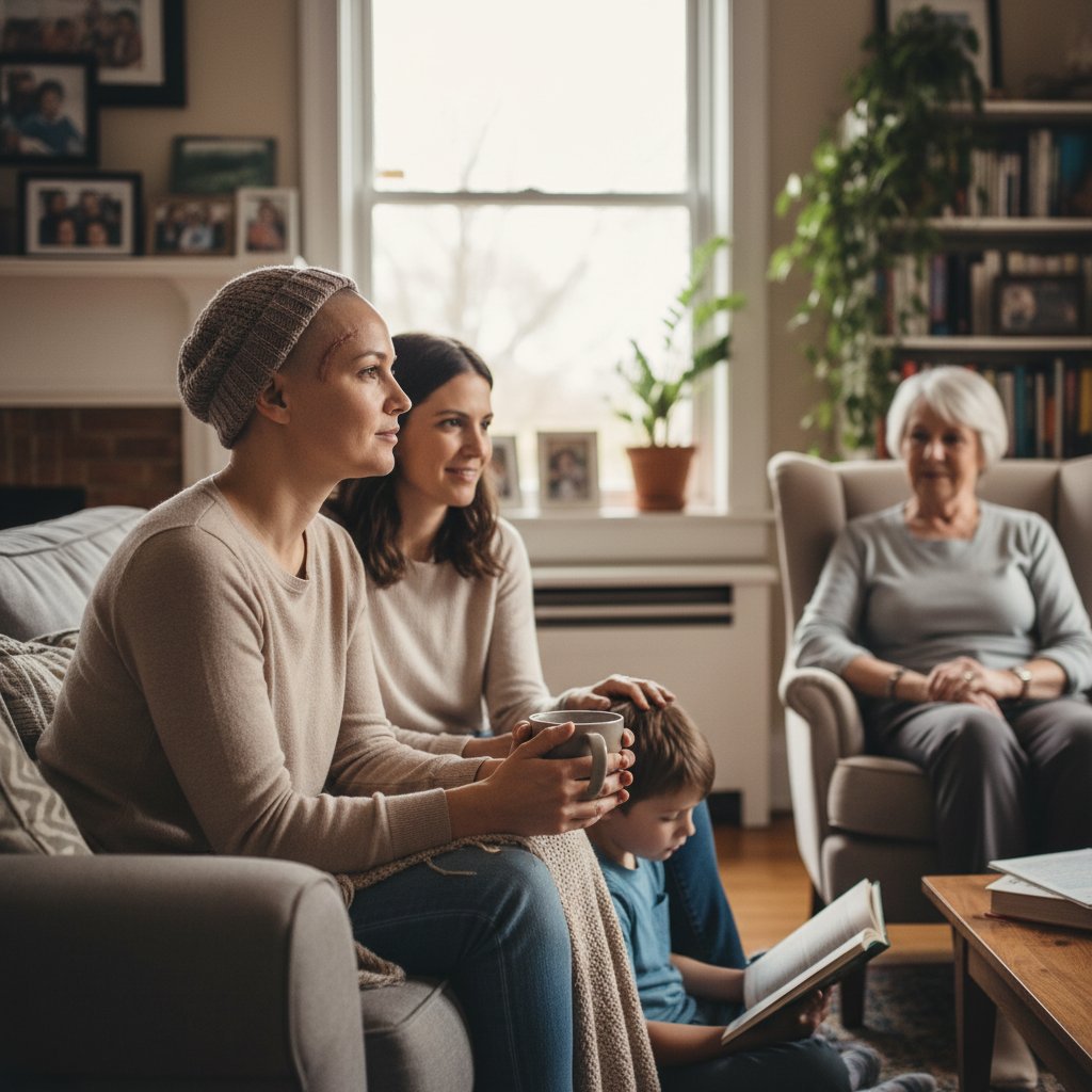 Pacjent po kraniotomii w domu, zamyślony, otoczony rodziną