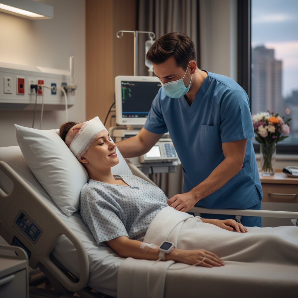 Pacjent na oddziale po kraniotomii, otoczony opieką pielęgniarki