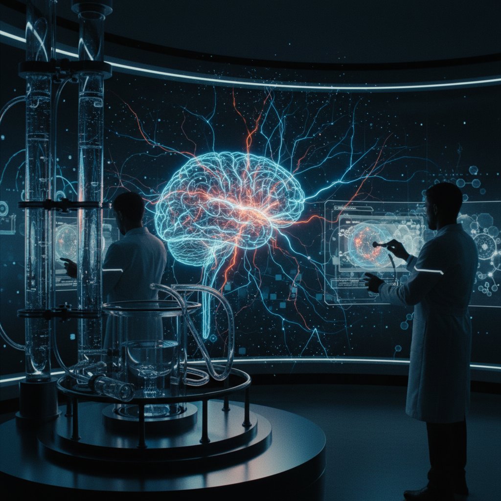 Stylized brain synapses overlaid with film scenes in a modern lab setting, demonstrating psychological reactions to movie perspective cinema