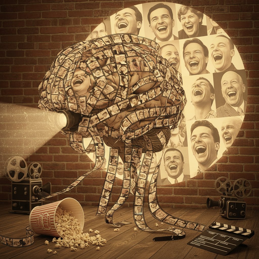Visual representation of brain processing comedy, film reels, laughing faces, abstract style