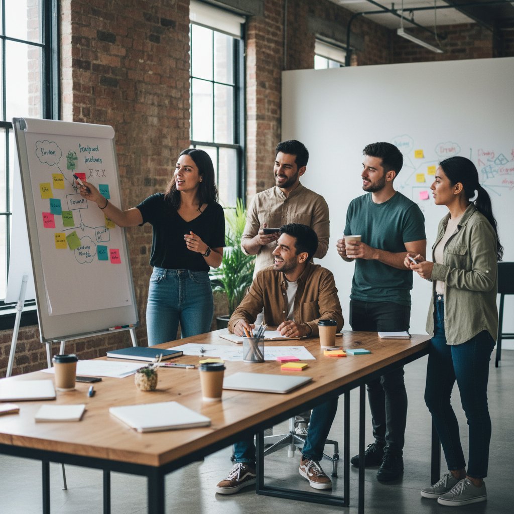 Zespół podczas kreatywnej burzy mózgów, symbolizujący przewagę opartą na mentalności i kulturze
