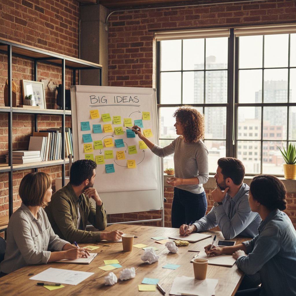 Zespół podczas burzy mózgów, kolorowe post-it, kreatywna atmosfera