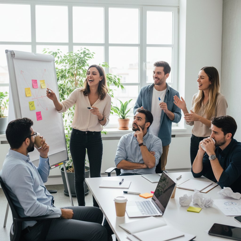 Grupa pracowników podczas burzy mózgów, emocje na twarzach