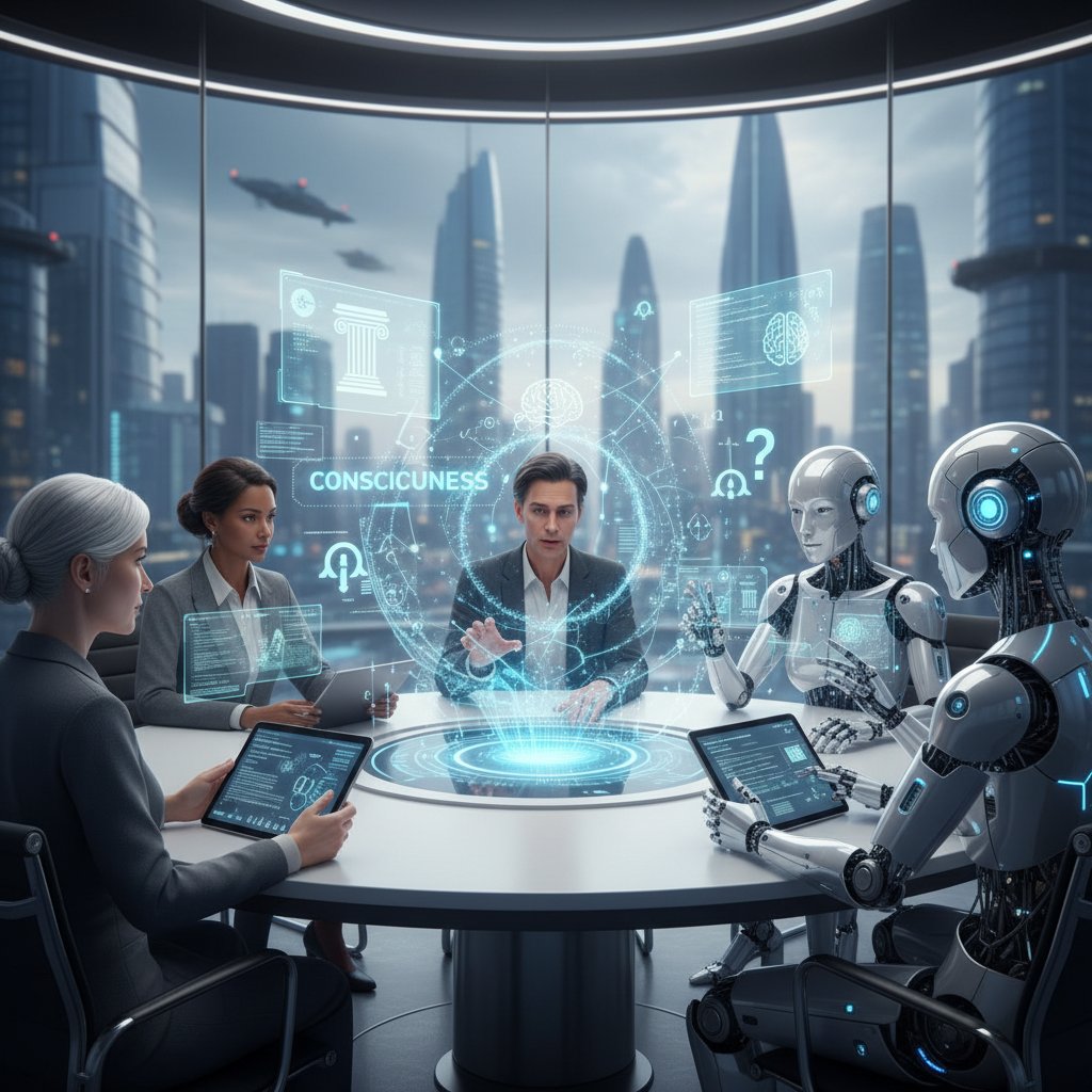 Grupa osób prowadzących burzę mózgów z pomocą AI, sala z ekranem i komputerami