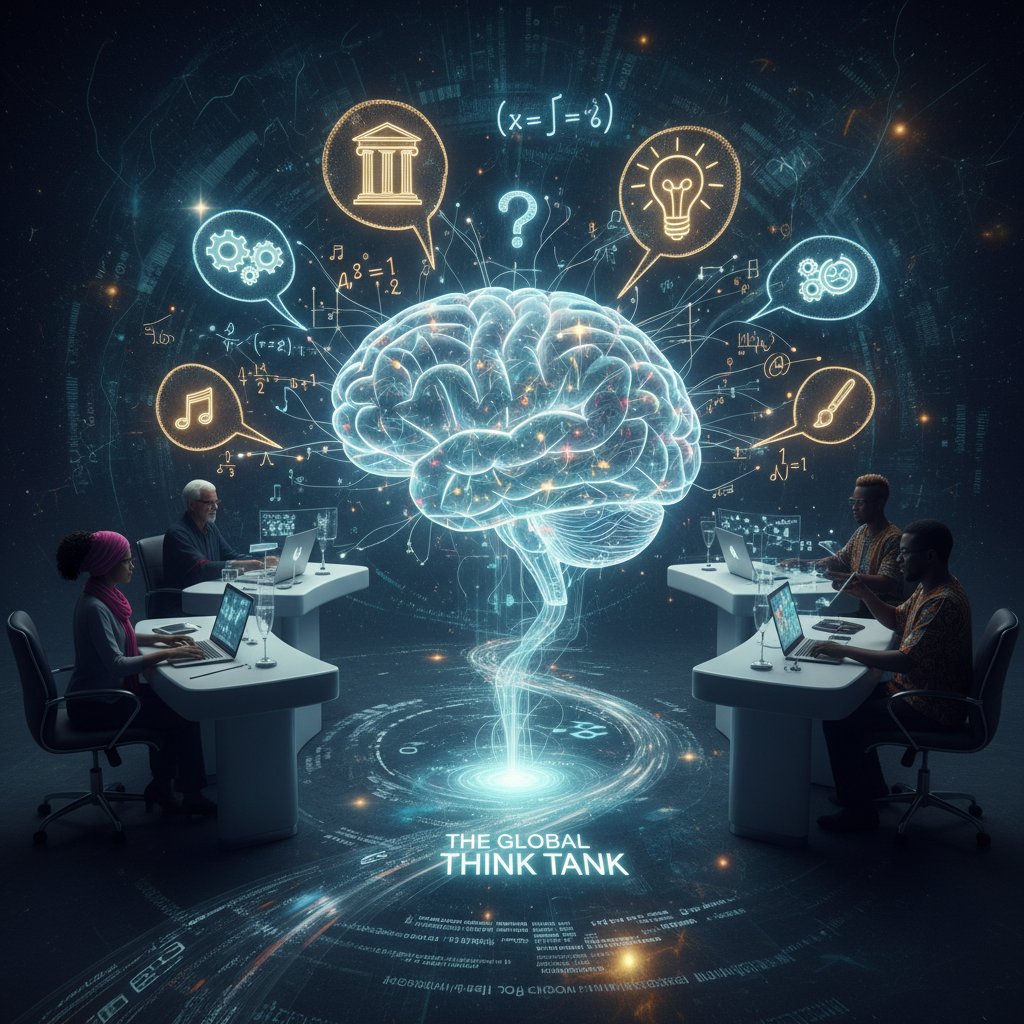 Burza mózgów online, grupa osób wymieniająca kreatywne pomysły w internetowej debacie filozoficznej