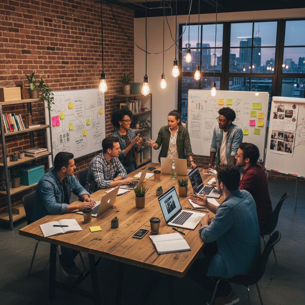 Zespół pracujący przy dużym stole z laptopami, burza mózgów, karteczki z promptami, atmosfera kreatywności