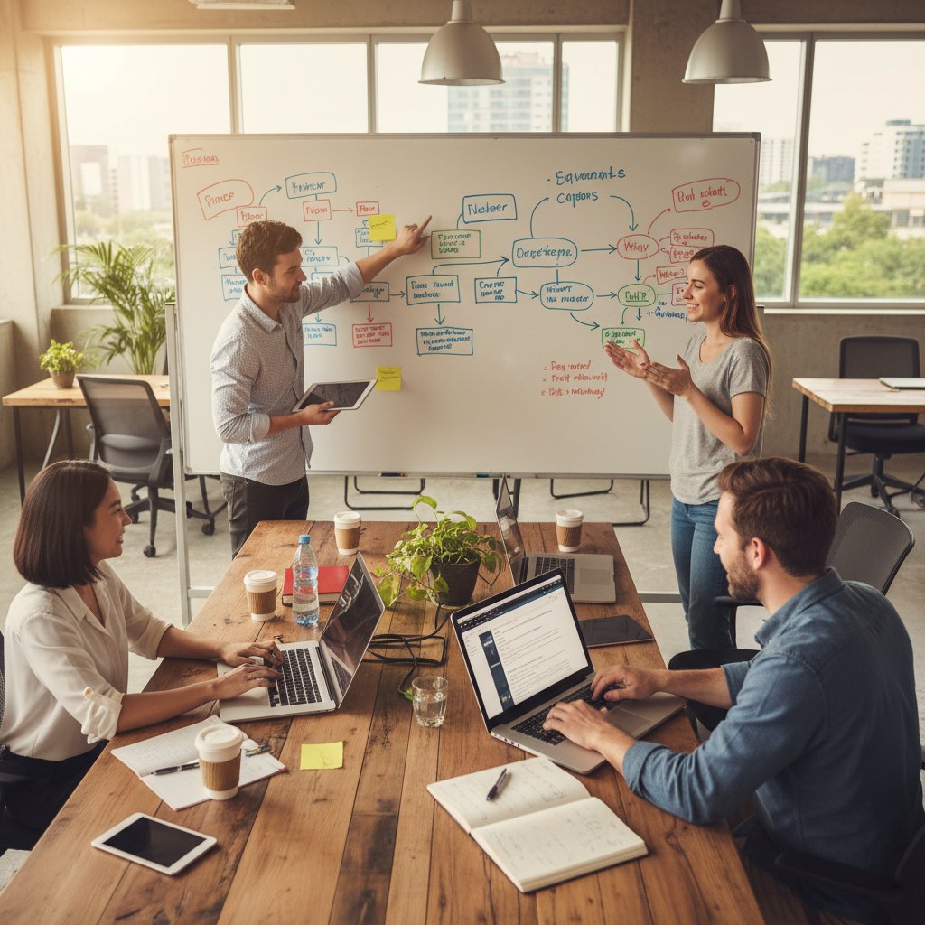 Diverse group brainstorming on whiteboards and laptops, vibrant collaborative energy, symbolizing economical support through community action