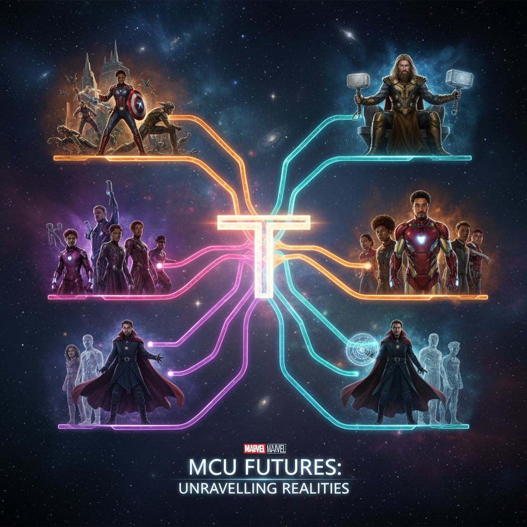 MCU heroes facing multiple branching paths, symbolic image of the franchise's future