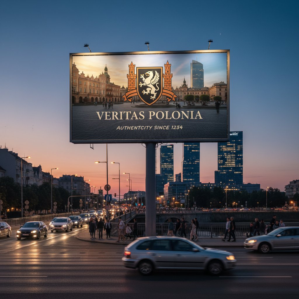 Zdjęcie billboardu marki z przekazem o autentyczności, polskie miasto o zmierzchu