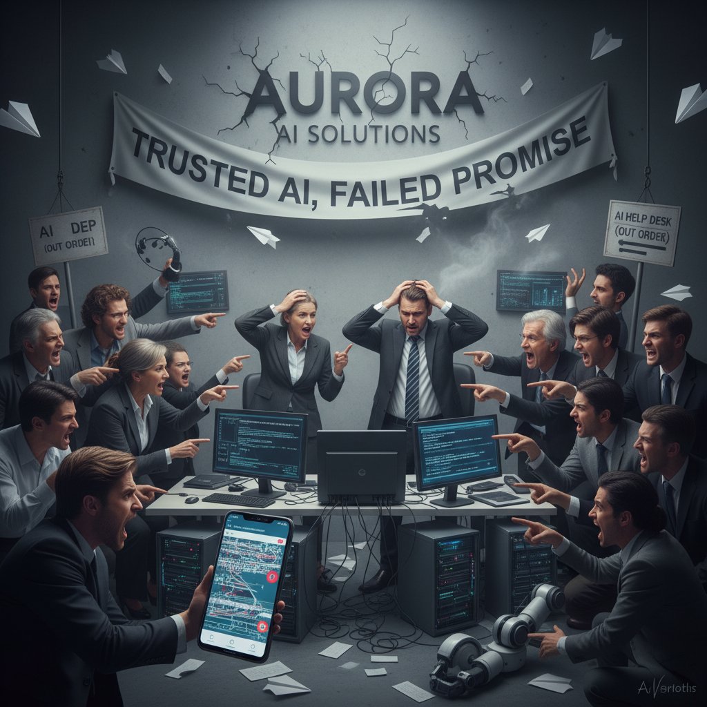 Zły wizerunek marki po nieudanej implementacji chatbota AI, zmartwieni klienci i menedżerowie