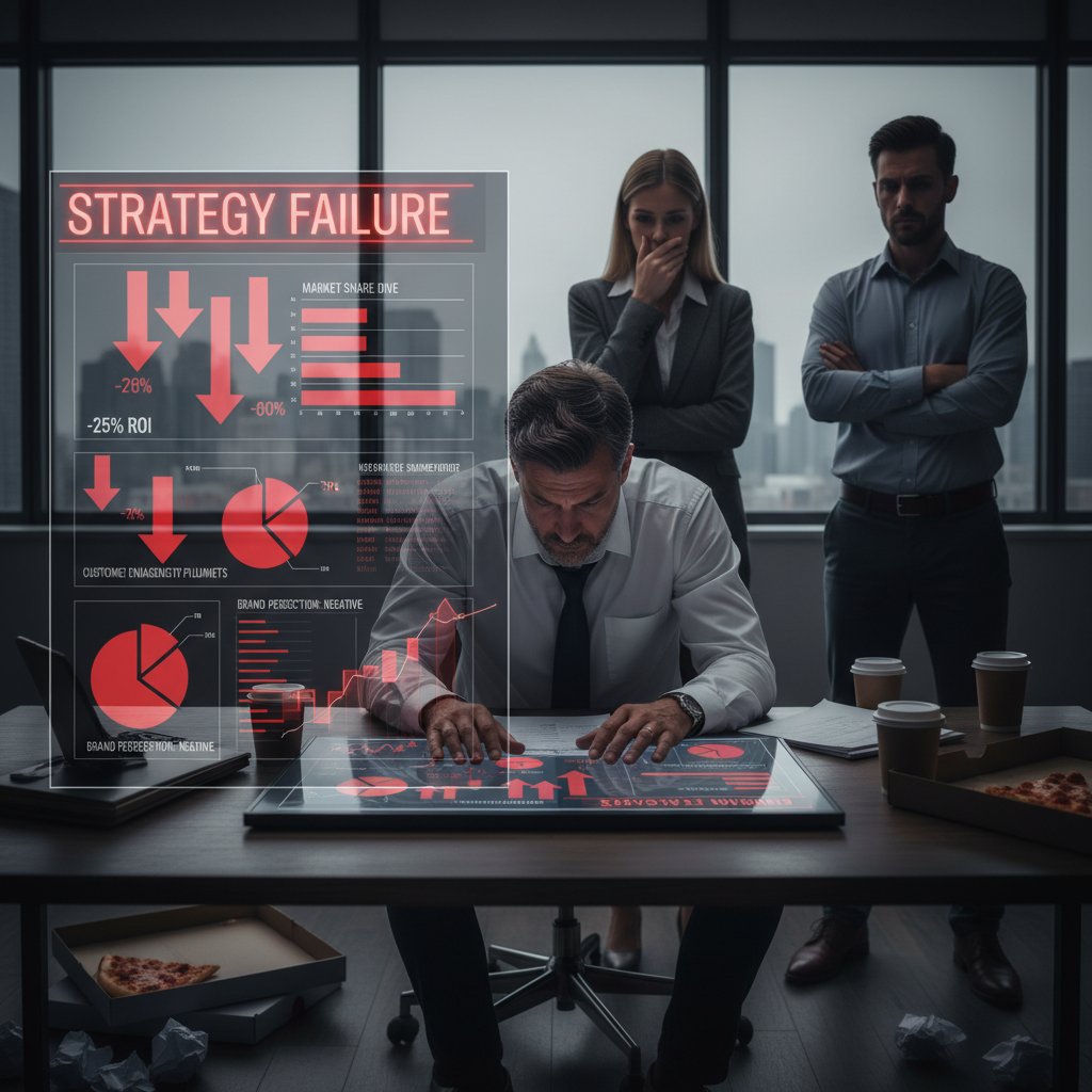 Manager analizujący wyniki nieudanej strategii marki, tablica z wynikami i wykresami, atmosfera napięcia