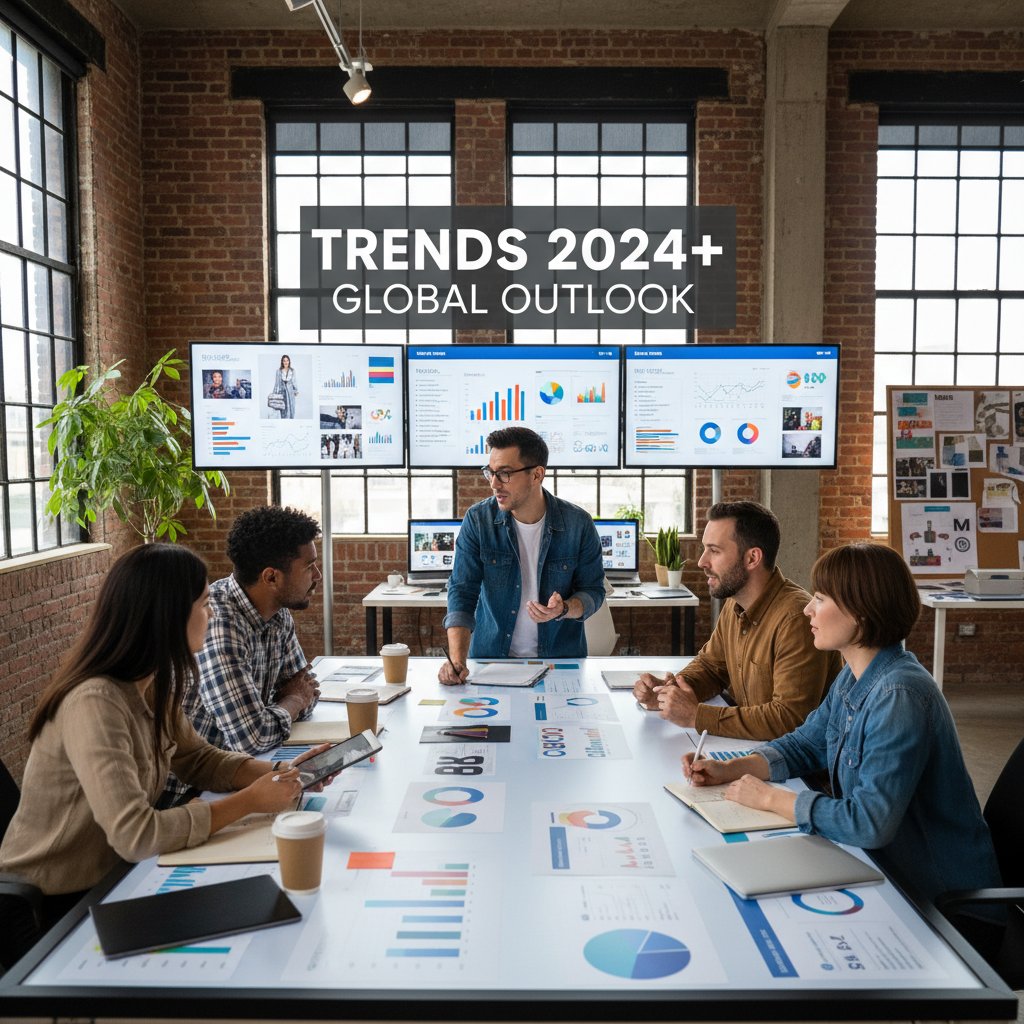 Nowoczesne studio brandingowe analizujące projekty na dużych monitorach, zespół dyskutuje o trendach