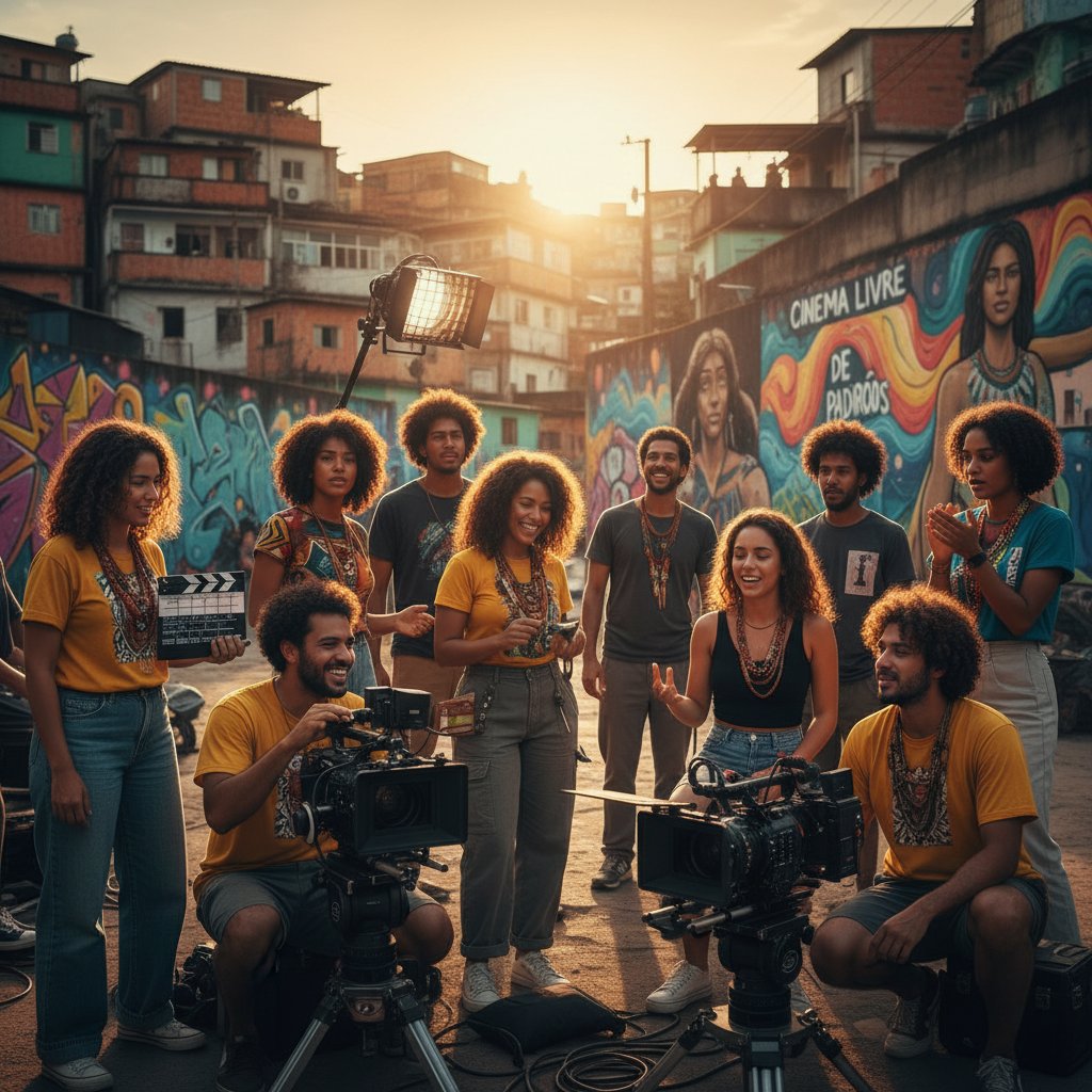 Diverse Brazilian filmmakers collaborating on set, breaking stereotypes, energetic creative mood, photojournalistic style