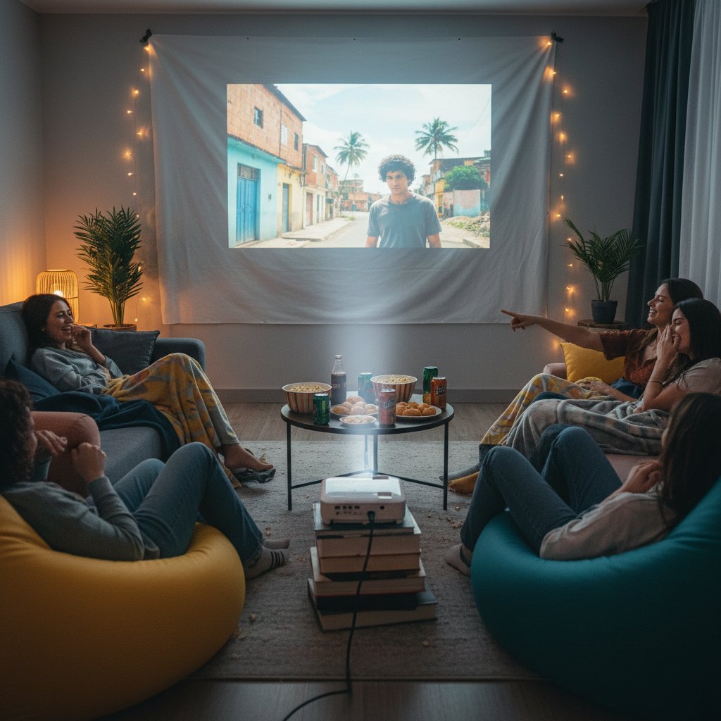 Friends gathered for a home screening, Brazilian snacks, projector, lively mood, candid style