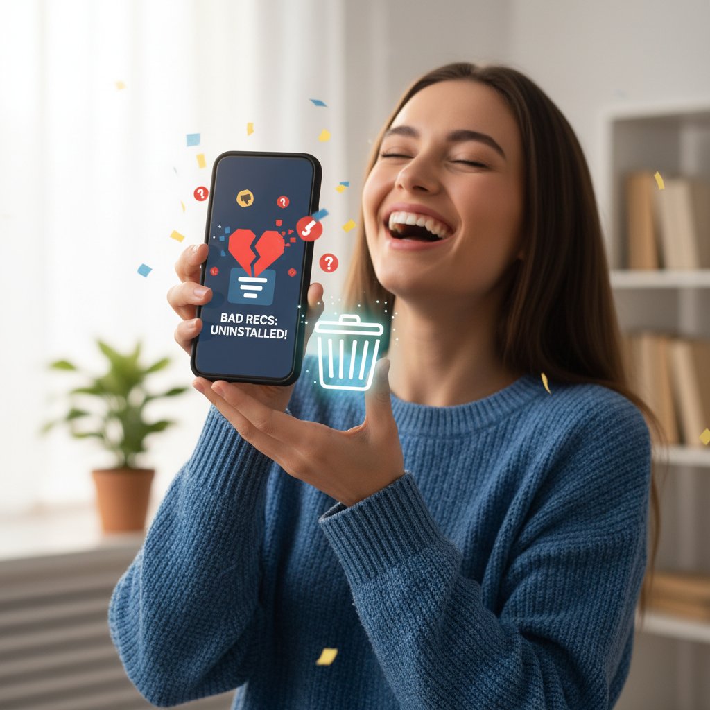 Photo: Young person happily deleting a streaming app from their phone, ready to try a new personalized movie assistant