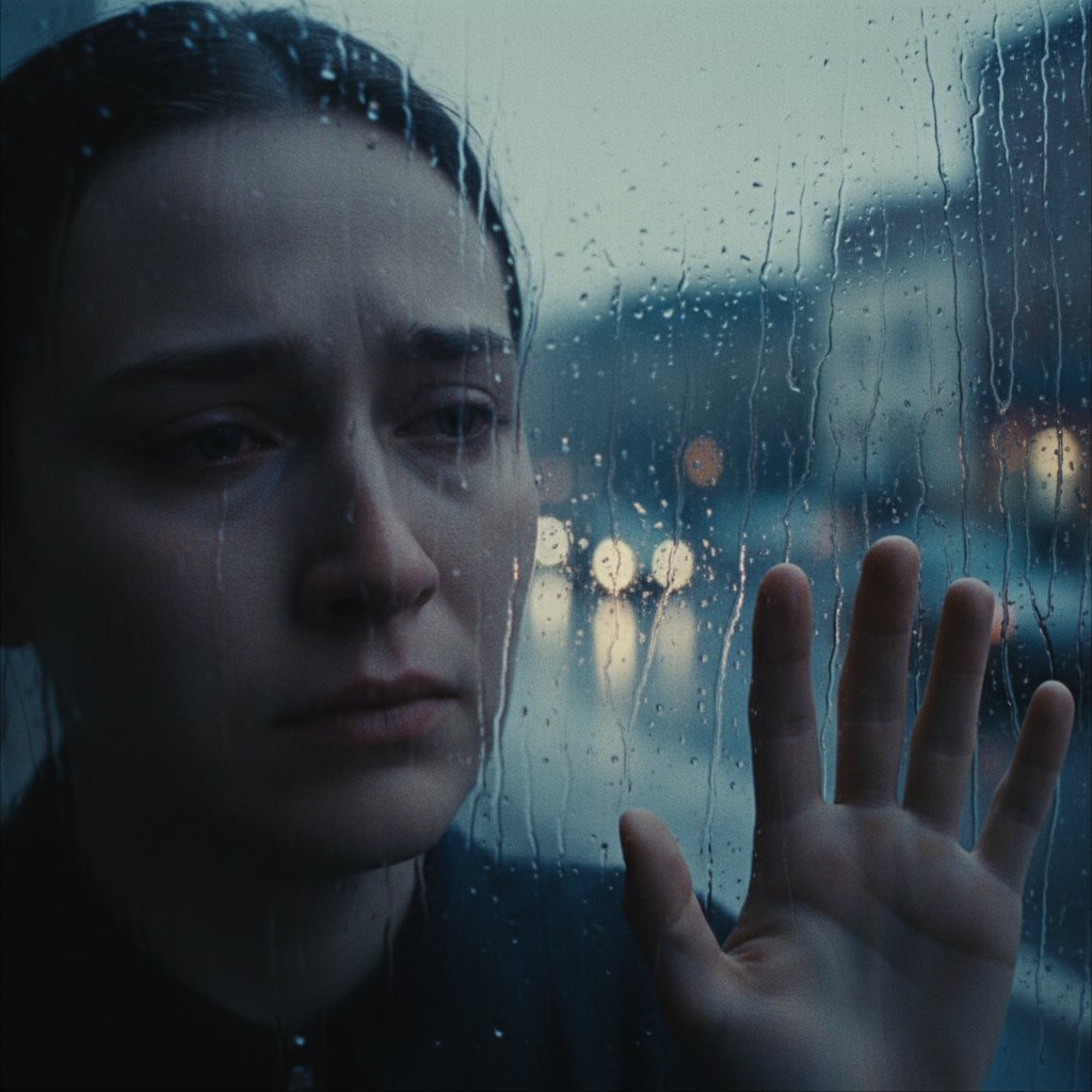 Heartbroken character staring out rain-streaked window, breakup movie scene, sadness