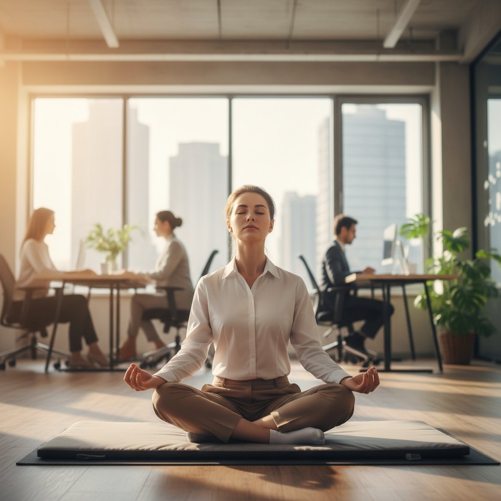 Pracownik wykonujący ćwiczenia oddechowe przy biurku, praktyczne sposoby na stres