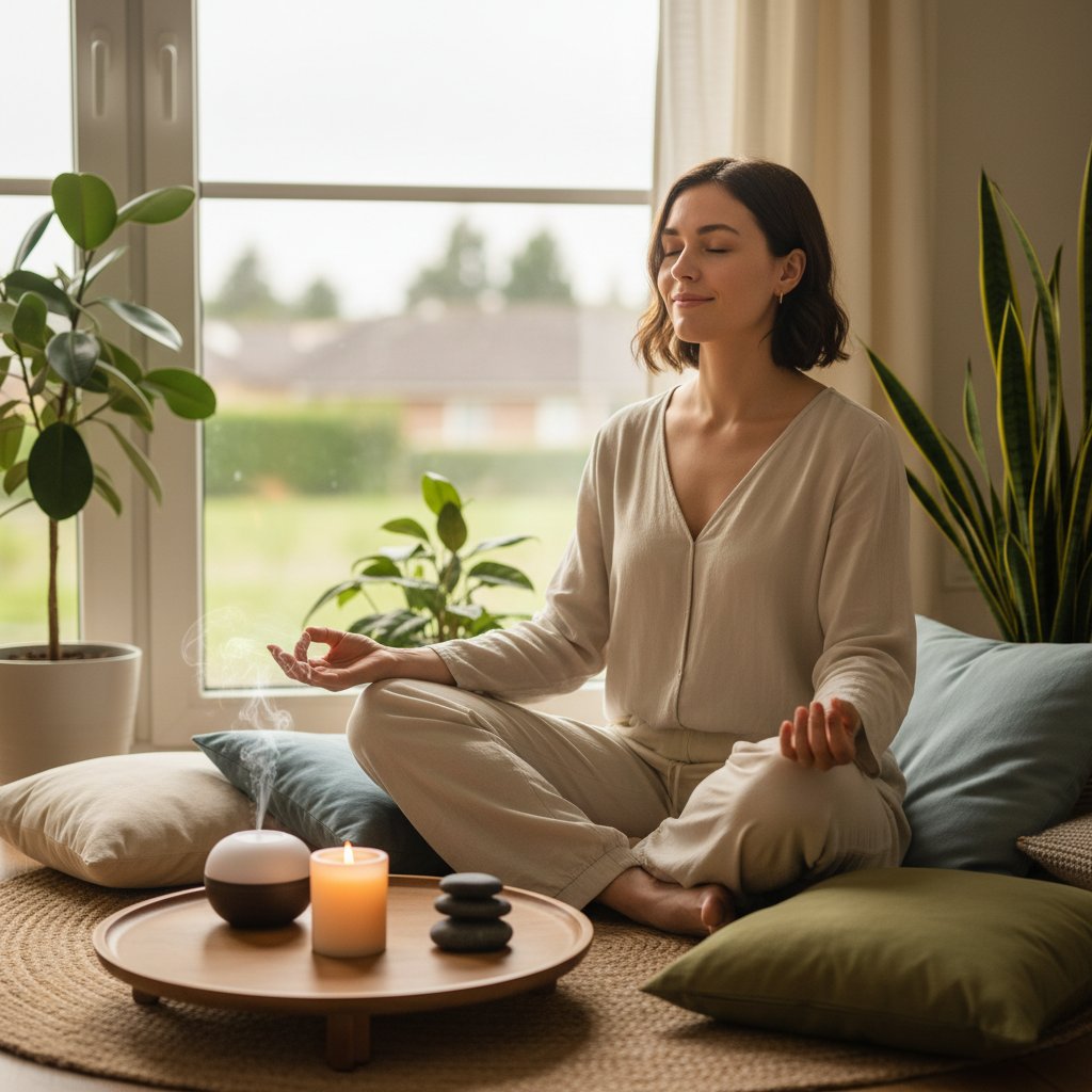 Osoba przygotowująca się do treningu oddechu w domowym zaciszu, relaksująca atmosfera