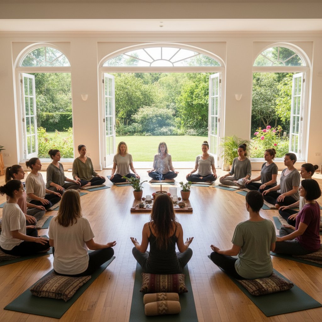 Kobieta prowadząca warsztaty oddechowe, grupa skupiona i uważna, dzień