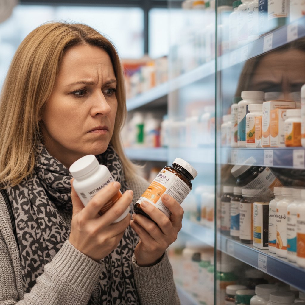 Zdezorientowany klient wybierający suplementy diety w aptece
