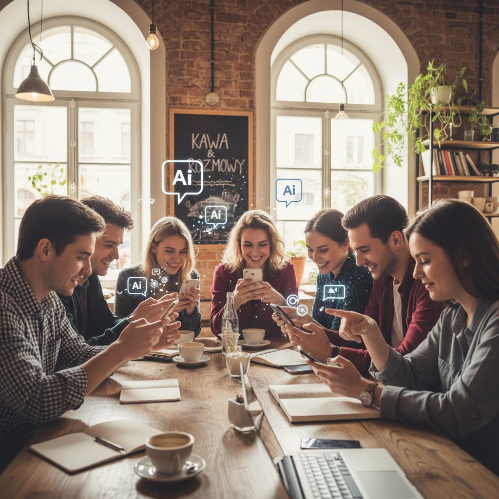 Grupa osób korzystających z ChatGPT zero-shot w warszawskiej kawiarni