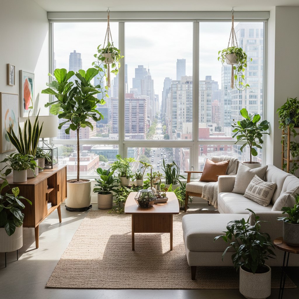 Mieszkanie z dużą ilością światła, kilka różnych roślin pokojowych, klimat miejski