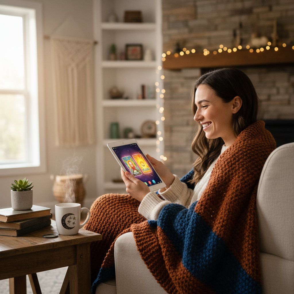 Person benutzt digitale Tarot-App in gemütlicher Umgebung, entspannte mystische Unterhaltung