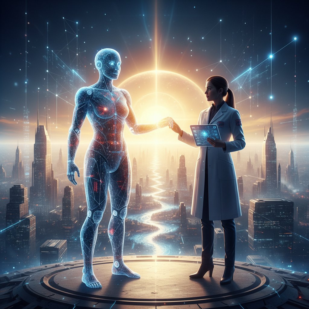 Bright horizon, researcher silhouetted, AI avatar beside them—symbolizing partnership and possibility