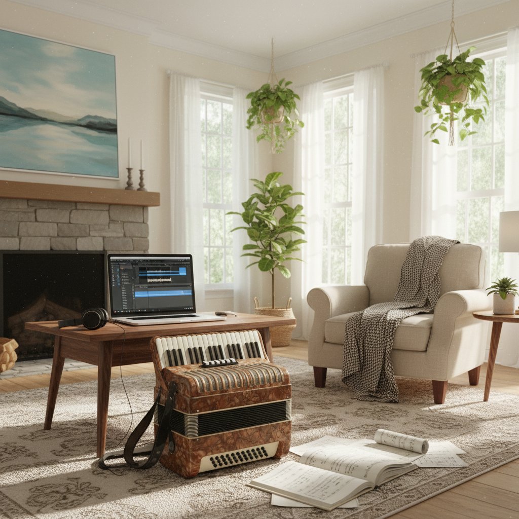 Pokój z jasnym oknem, akordeon, notatki i laptop, spokojna atmosfera do nauki muzyki