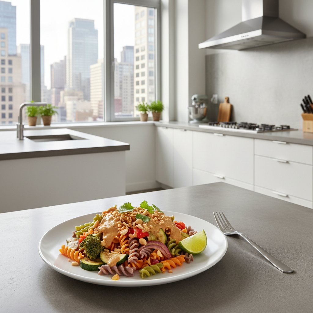 Makaron z warzywami i sosem orzechowym na talerzu w polskiej kuchni