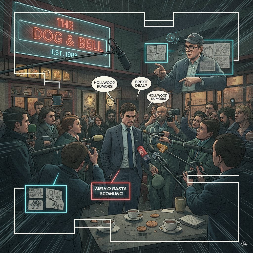 British film set, international press, actors and director celebrating, edgar wright influence