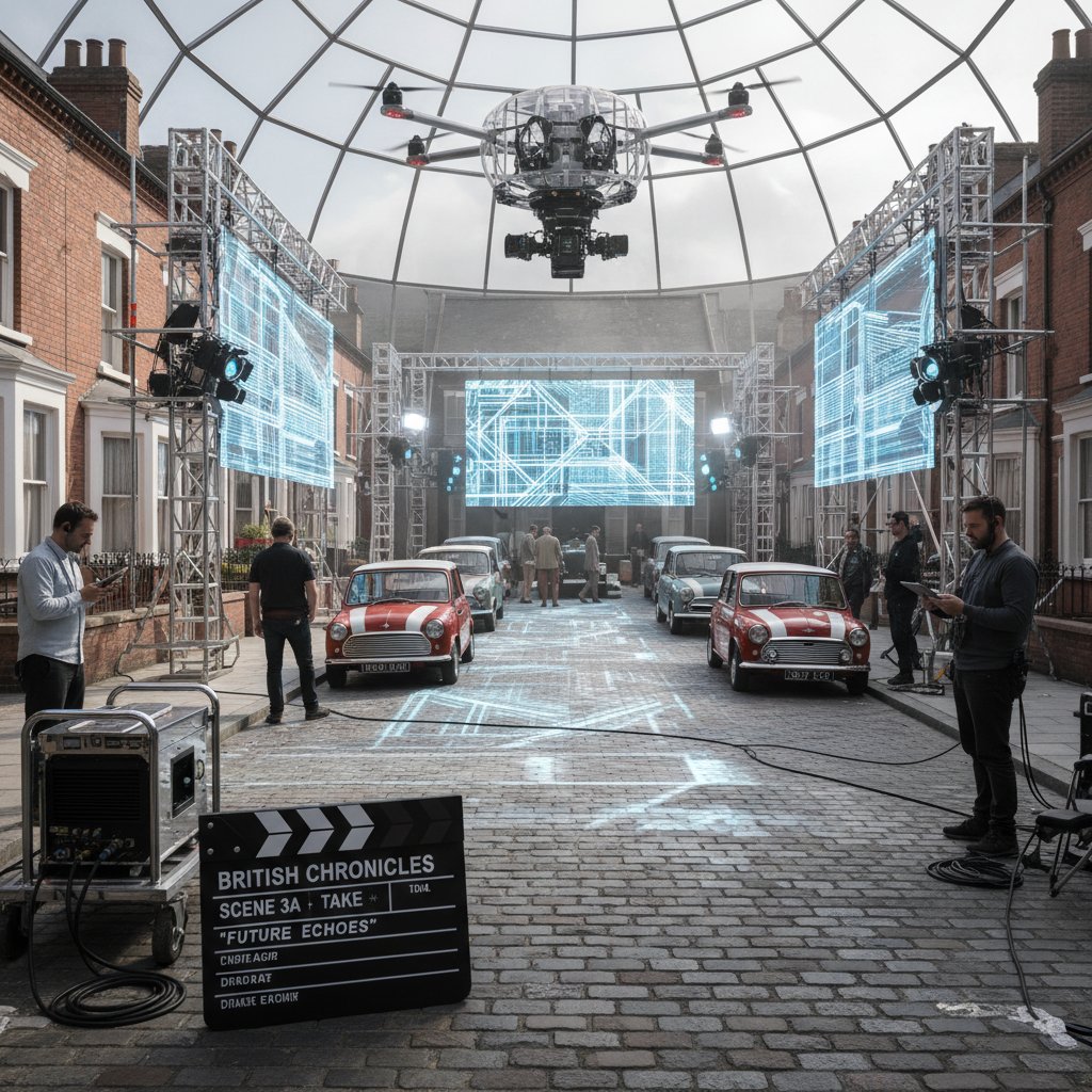 Behind the scenes on a British film set spanning eras, showing both period and modern elements