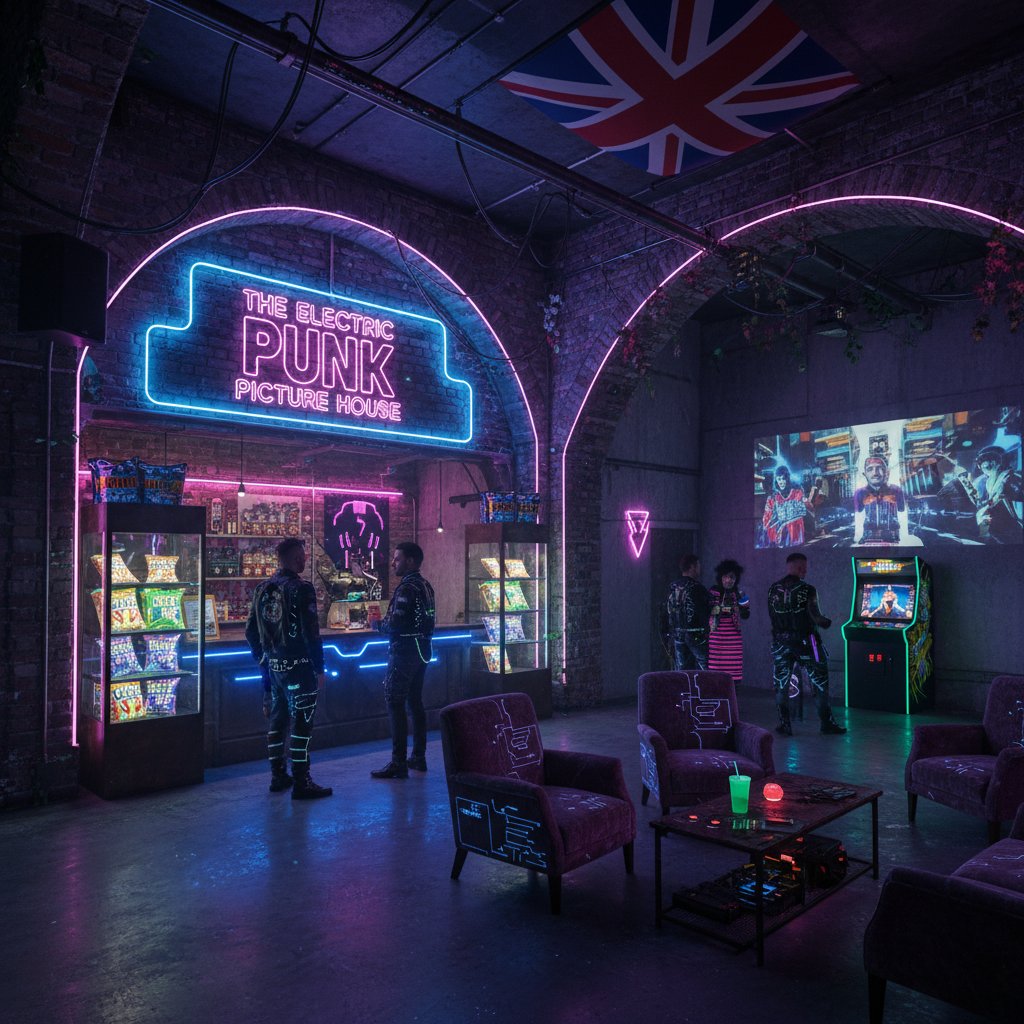 British indie cinema in the 90s, neon-lit interior with punk elements and edgy style