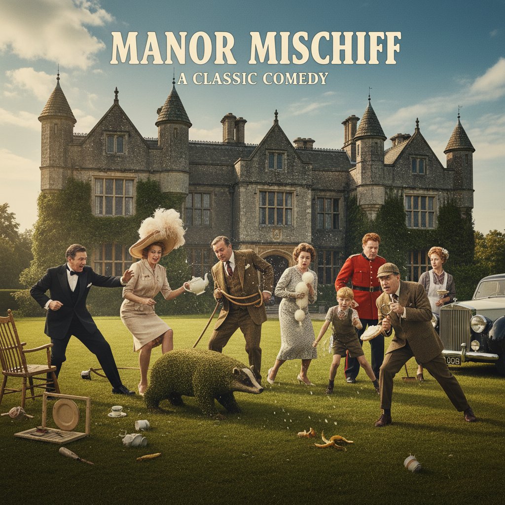 British actors in a manor, humorously posed for a class comedy