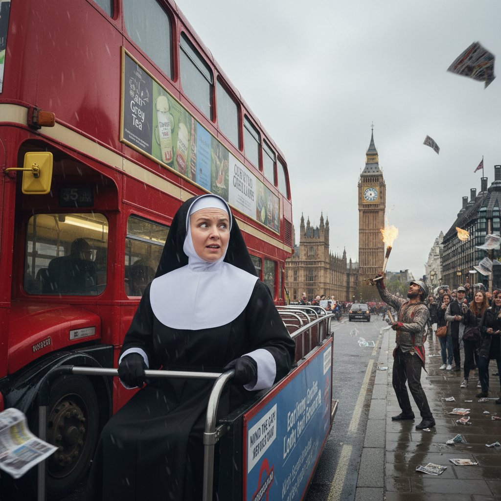 British nun in unexpected comedic scenario, British nun in full habit riding a double-decker bus, bemused expression