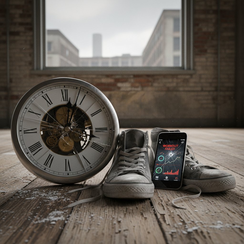 Symboliczny obrazek zegara rozbitego na podłodze siłowni, obok znoszonych butów sportowych i smartfona z aplikacją fitness
