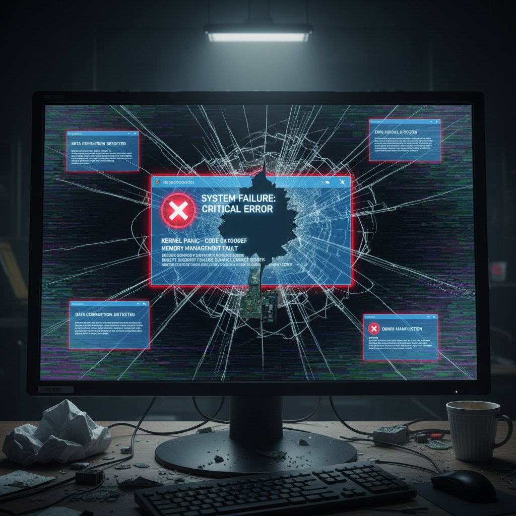 Broken computer monitor with error messages, reporting failure, report support gone wrong