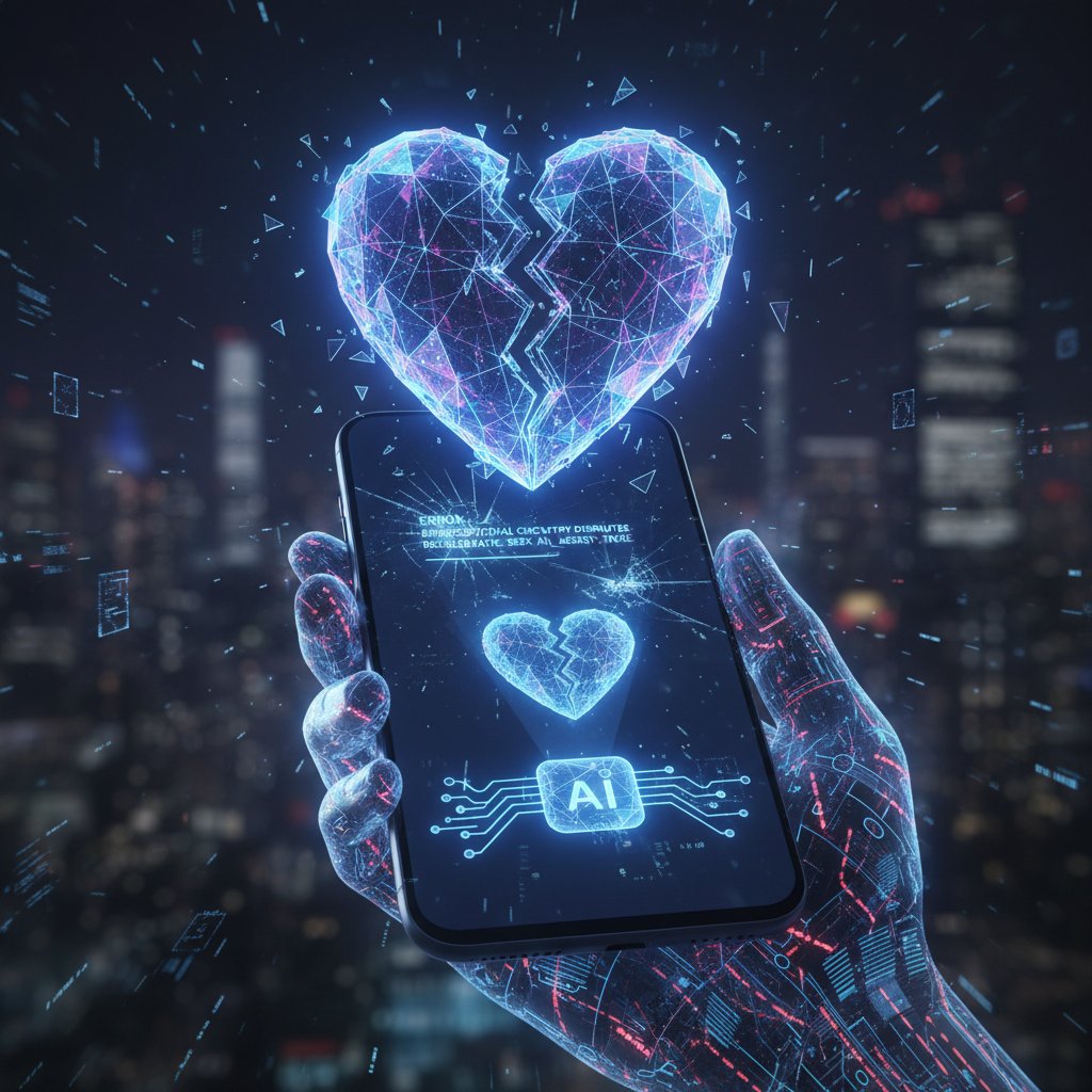 Fragmented digital heart overlaying phone screen, symbolizing risks of digital relationship advice